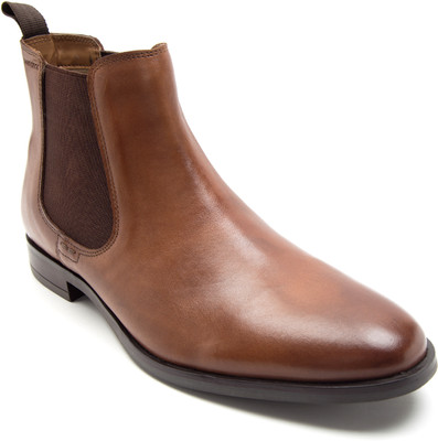 THOMAS CRICK Premium Leather Pull Tab Elasticated Side Cushioned Insole Chelsea Boots For Men(Tan , 8)