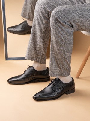 ALBERTO TORRESI Alberto Torresi Genuine Leather Black Brogue Shoes Lace Up For Men(Black)