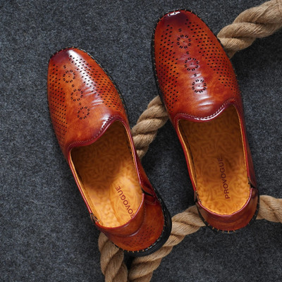 PROVOGUE Men’s Handmade Sole Stitch Loafers | Synthetic Leather Party Wear Shoes Loafers For Men(Tan , 9)