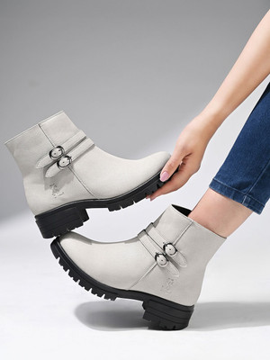 LOUIS STITCH Beige Elegant Double Buckle Mid-Top Ankle Chelsea Boots, Slip-On Boots Boots For Women(Beige , 5)