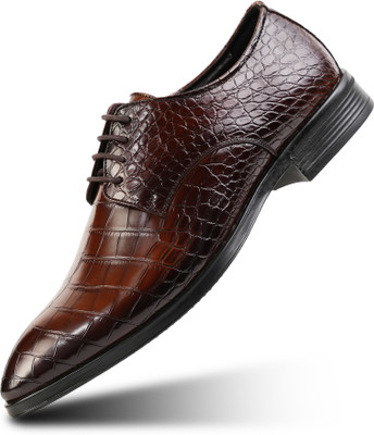 MONKSTORY Monkstory Glossy Croc-Effect Lace-Up Oxfords - Burnish Brown Casuals For Men(Brown , 6)