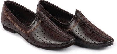 FAUSTO Laser Cut Design Stitched Ethnic Party Slip On Juttis and Mojaris For Men(Brown , 11)