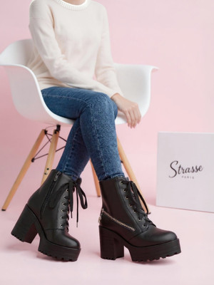 STRASSE PARIS Premium Design Women's Ankle Length Block Heel Stylish Fashionable Black Boots Boots For Women(Black , 3)