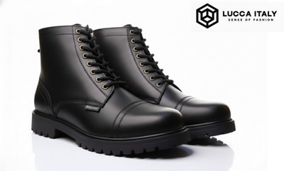 Lucca Italy Genuine Leather Men's Combat Boots, Black, Cap Toe, Lace-up, Rubber Sole Boots For Men(Black , 10)