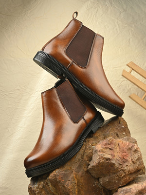 KILLER Premium Vegan Leather Slip-On Chelsea Boots for Men Boots For Men(Tan , 8)