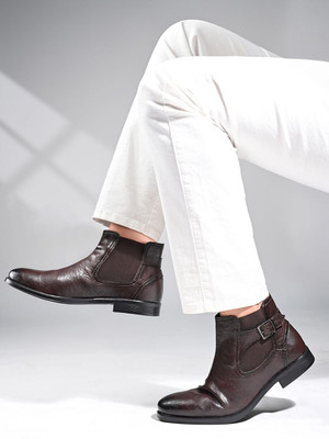 LOUIS STITCH Brunette Brown Mid-Top Ankle Shrunken Chelsea Boots for Men with Side Buckle Boots For Men(Brown , 7)