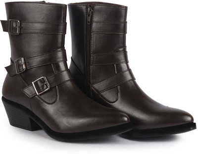 FAUSTO High Ankle Flared Heel Buckle Strap Zipper Closure Boots for Winter|Dress Boot Boots For Women(Brown , 6)