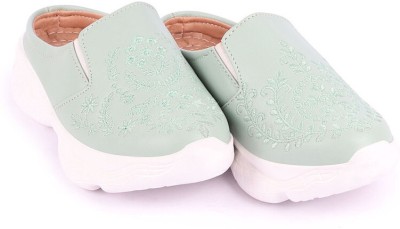 FAUSTO Floral Print Embroidery Design Back Open Slip On Mules Shoes Mojaris For Women(Green , 4)