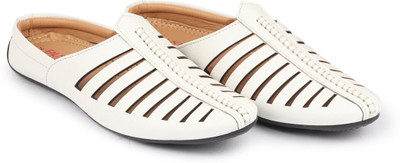 FAUSTO Laser Cut Design Back Open Evening Party Slip On Shoes Mojaris For Men(White , 8)