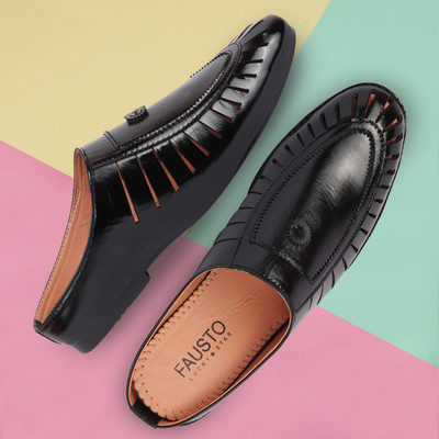 FAUSTO Basics Back Open Laser Cut Design Classic Evening Wedding Slip On Mojaris For Men(Black , 6)