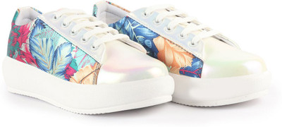 FAUSTO Glossy Floral Print Lace Up Party Shoes|Platform Height Enhancer Sneakers For Women(Blue , 4)