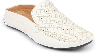 FAUSTO Stitched Block Design Pattern Back Open Slip On Shoes Loafers For Men(White , 6)