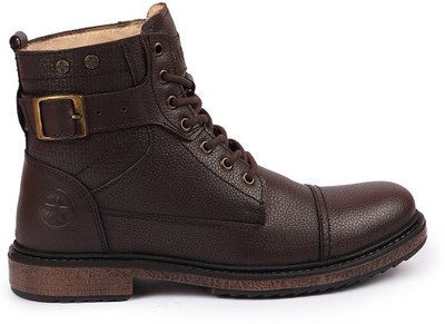FAUSTO High Top Genuine Leather 7-Eye Lace Up Buckle Strap Work Cap Toe Winter Flat Boots For Men(Brown , 6)