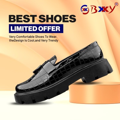 BXXY Men's New Stylish Black Casual Patent Material Loafer Tessel Shoes. Loafers For Men(Black , 8)