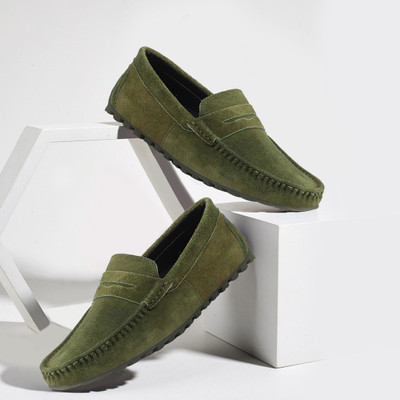 FAUSTO Suede Leather Side Stitched Slip On Driving Mocassin and Loafers For Men(Green , 7)