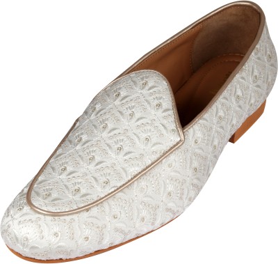 Tanny Tanny Shoes Men's Fabric Material ALL Over Embroidered Slip On Jutti Loafers For Men(White , 11)