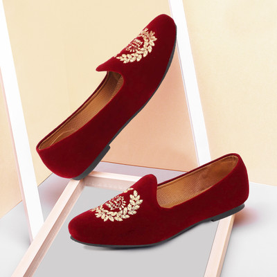 FAUSTO Velvet Leaf Print Embroidery Weekend Comfort Wedding Evening Party Shoes Loafers For Men(Red , 8)