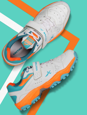 VECTOR X CKT 200 PU Material Breathable Mesh With Rubber Sole Allrounder Cricket Shoes For Men(White, Orange , 4)