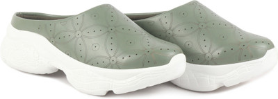 FAUSTO Laser Cut Back Open Platform Heel Slip On Mules Casual Shoes Loafers For Women(Green , 3)