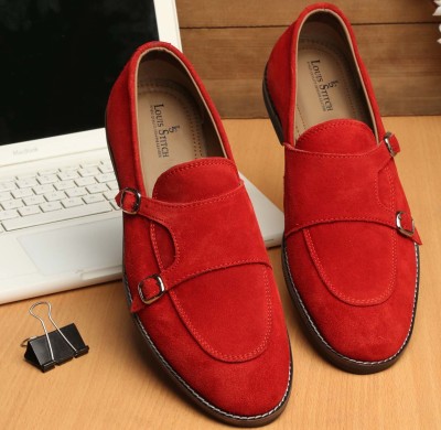 LOUIS STITCH Red Italian Suede Leather Shoes Casual Front Monk Penny Loafers For Men Mocassin For Men(Red , 6)