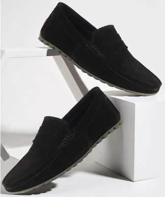 FAUSTO Suede Leather Side Stitched Slip On Driving Mocassin and Loafers For Men(Black , 7)