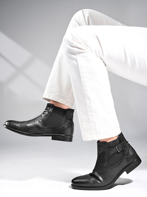 LOUIS STITCH Obsidian Black Mid-Top Ankle Shrunken Chelsea Boots for Men with Side Buckle Boots For Men(Black , 10)