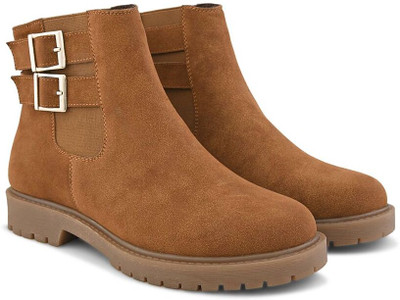 Roadster Women leatherette versatile casual high top chelsea heeled boots with buckel Boots For Women(Tan , 7)