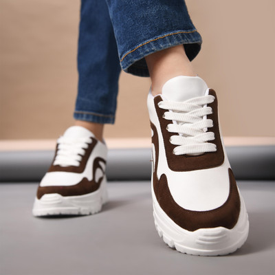 jm looks Women Chunky Sneakers Lace-Up Casual Shoes for Women Daily Wear Gym Office Wear Sneakers For Women(Brown , 8)