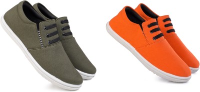 KANEGGYE Canvas|Lightweight|Comfort|All Seasons|Trendy|Casual Shoes Slip On Sneakers For Men(Green, Orange)
