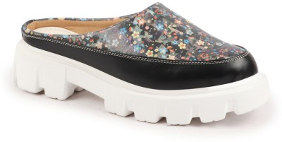 FAUSTO Stiched Floral Print Back Open Height Enhancer Casual Loafers For Women(Black, Multicolor, White)