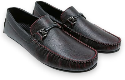 Moda Bay Comfortable Soft Premium Quality Vegan Leather Buckle Slip-On Loafers For Men(Maroon, Black , 7)