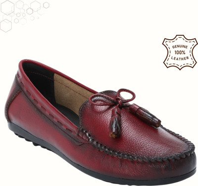 Zoom Shoes Genuine Leather Slip-On Stylish Lightweight Round Toe Flats for All-Day Comfort Loafers For Women(Maroon , 2)