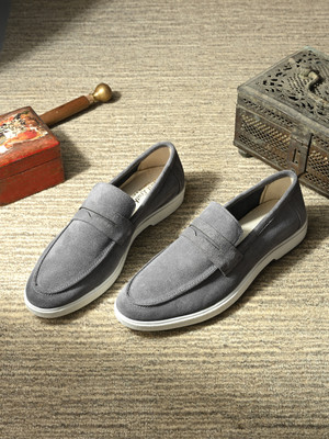 Just Leather Men Suede Leather Loafers with Bow -Cushioned Comfort, Durable & Everyday Luxury Loafers For Men(Grey , 9)