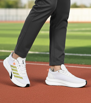 JK PORT Men's White Mesh Running Shoes with Golden Stripes Casuals For Men(White, Yellow , 7)