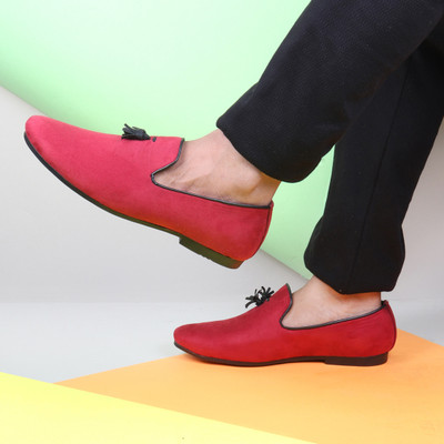 FAUSTO Velvet Comfort Outdoor Fashion Casual Party Shoes Tassel Mojaris For Men(Red , 9)
