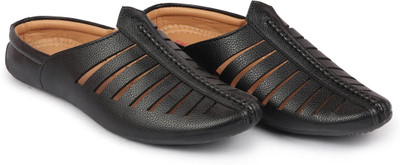 FAUSTO Laser Cut Design Back Open Evening Party Slip On Shoes Mojaris For Men(Black , 9)