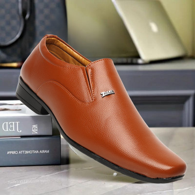 Zixer official Leather Formal shoes for men without lace Semi Formal party shoes Boys Party Wear For Men(Tan , 8)