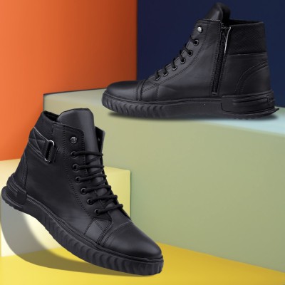 Woakers Men Black Casual Boots High Tops For Men(Black)
