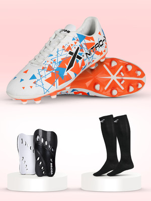 VECTOR X Combo Nitro X Shoe With Pair of Shin Guard & Stockings Football Soccer Kit Football Shoes For Men(White, Orange , 9)