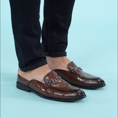 FAUSTO Embossed Leopard Print Design Ethnic Party Back Open Slip On Shoes Mojaris For Men(Brown , 9)