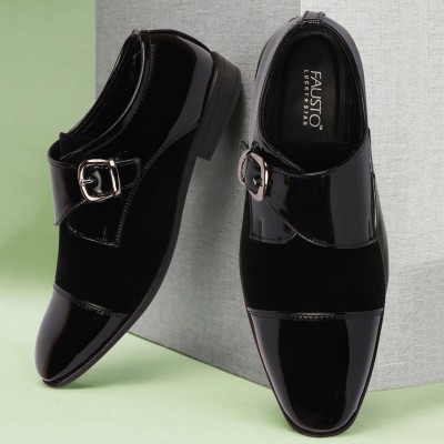 FAUSTO Patent Leather Velvet Single Strap Monk Formal Shoes Slip On For Men(Black)