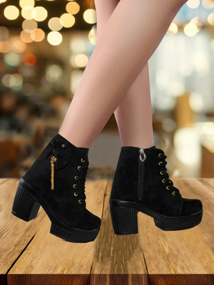 SK Clasy New Stylish High Heel Comfortable and Fashionable Out Door Light Weight Lace Up Boots For Women(Black , 6)
