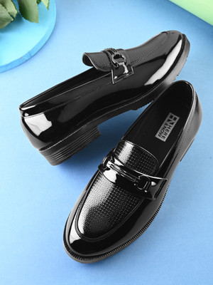 HERE&NOW Men black petant shiny leatherette formal slip on moccasins horesbit loafers sh Slip On For Men(Black , 9)
