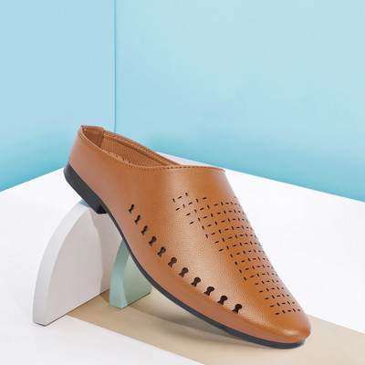FAUSTO Back Open Laser Cut Design Lightweight Ethnic Evening Wedding Slip On Mules Mojaris For Men(Tan , 7)