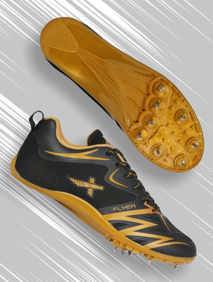 VECTOR X Flyer Running Spike Synthetic leather TPU Sole Track & Field Removeable Spike Running Shoes For Men(Black, Gold , 5)