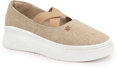 FAUSTO Elastic Closure Cross Strap Denim Slip On Height Enhancer Shoes Bellies For Women(Beige , 7)