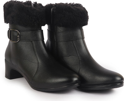FAUSTO Flared Heel Classic Winter Buckle Strap Zipper Fur Boots|Work Boot|Western Dress Boots For Women(Black , 3)