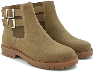 Roadster Women leatherette versatile casual high top chelsea heeled boots with buckel Boots For Women(Olive , 5)