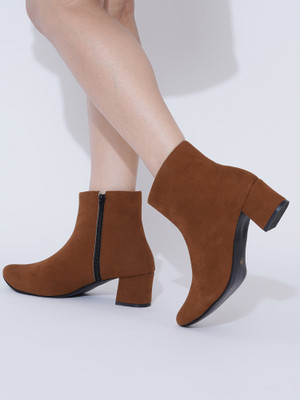 SHOETOPIA Block Heel Ankle Boots with Side Zipper For Women & Girls Boots For Women(Tan , 7)