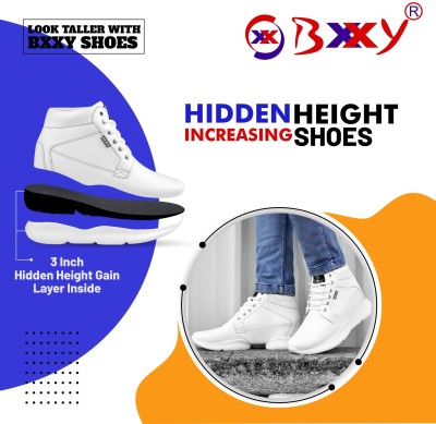 BXXY Men 3 Inch Hidden Height Increasing White Casual Sneaker, Eva Lace-Up Shoes. High Tops For Men(White)